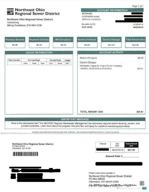 download USA NRTHEAST OHIO REGIONAL SEWER DISTRICT utility bill Word and PDF template PDF template